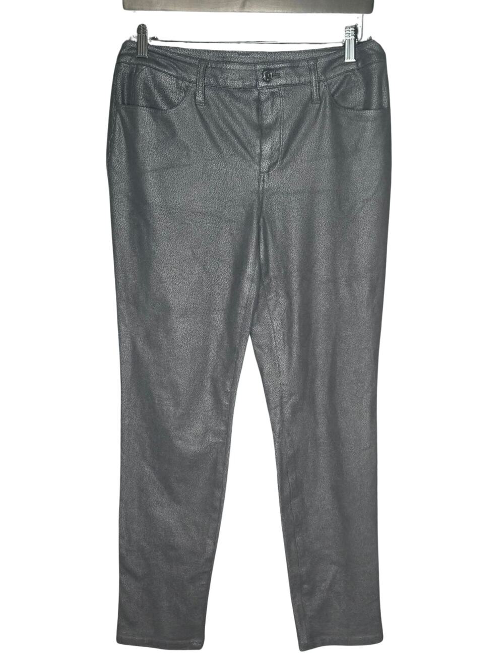 Chico’s Black Faux Leather Coated Straight Leg Pants 5 Pocket Button Fly Size 6R